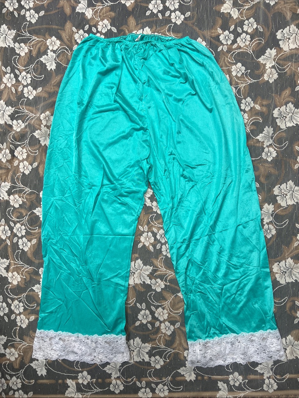 Women’s Teal Satin Lounge Pants with Lace Trim Capri Crop Wide Leg Bloomers